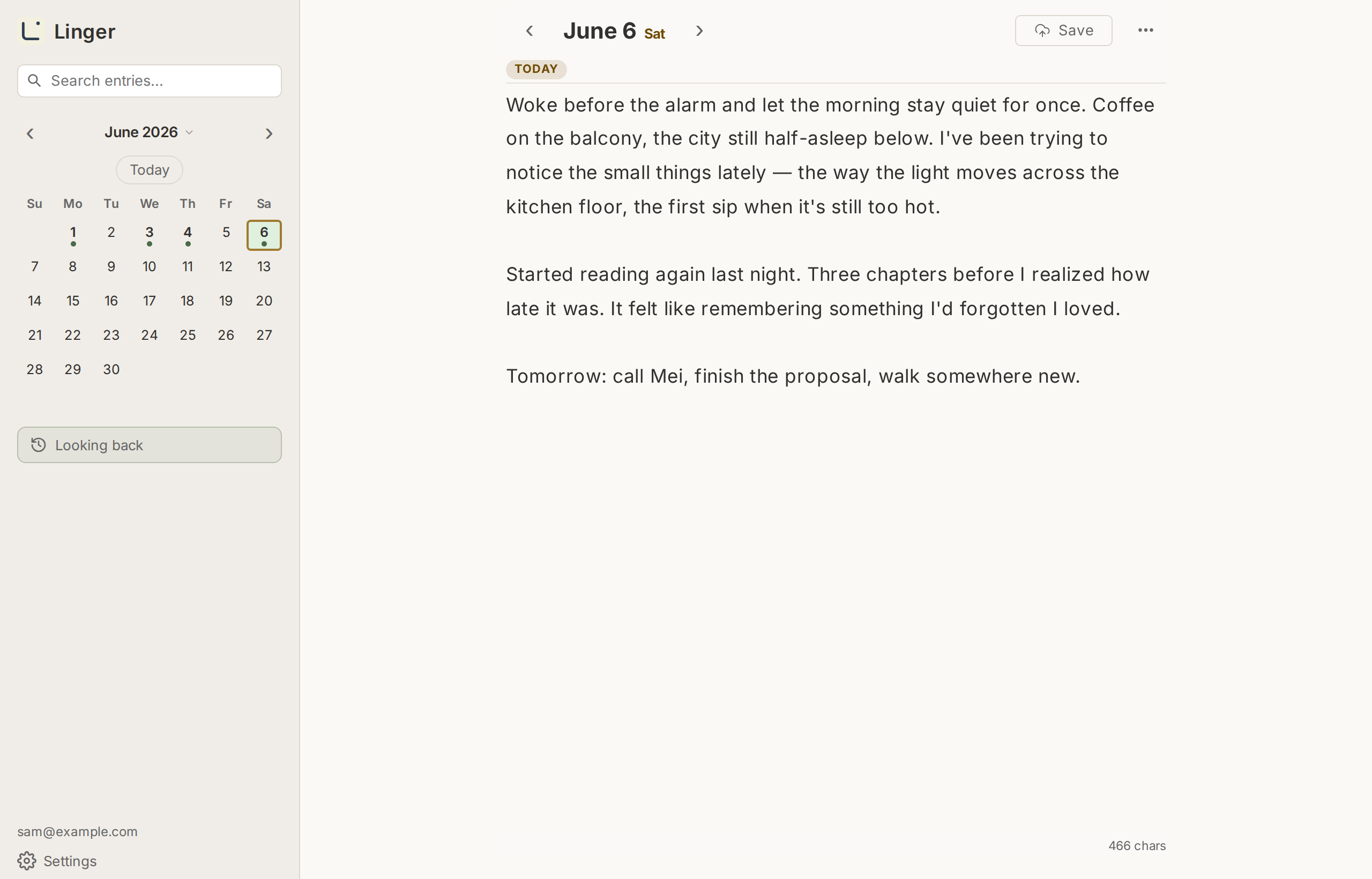 Linger diary editor showing a dated entry alongside a monthly calendar in the sidebar