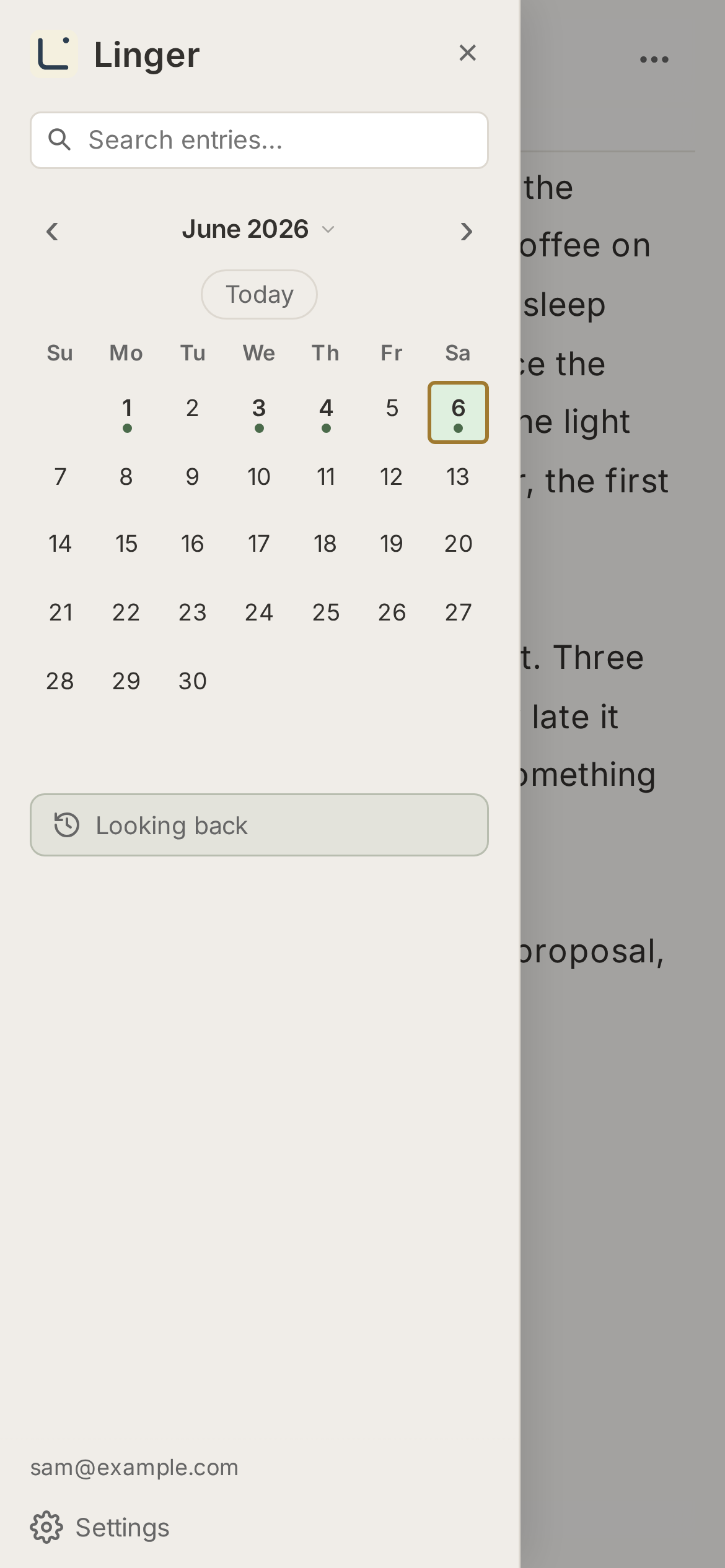 Linger calendar drawer open on a phone screen